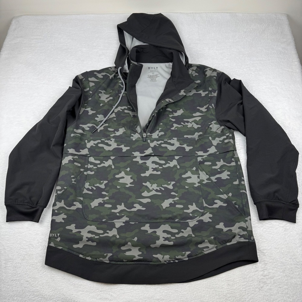 BYLT Elevate Drop Cut Windbreaker Men XL Green Camo Half Zip Hooded Jacket